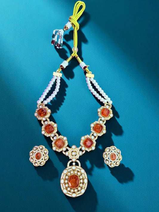 Rebekah Heritage Kundan Statement Necklace Set with Orange Hydro & Pearls