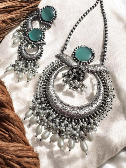 Vintage Style Oxidized Silver Necklace Set with Turquoise Stones, Pearl Drops, Ethnic Chandbaali Design