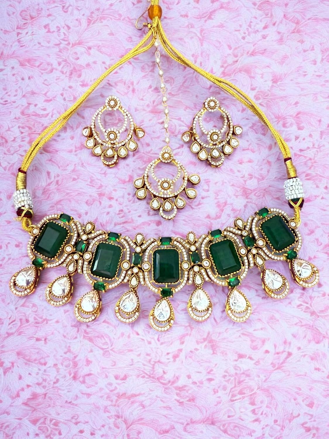 Rebekah Emerald Elegance Kundan Encrusted Bridal Choker Set with Maangtika