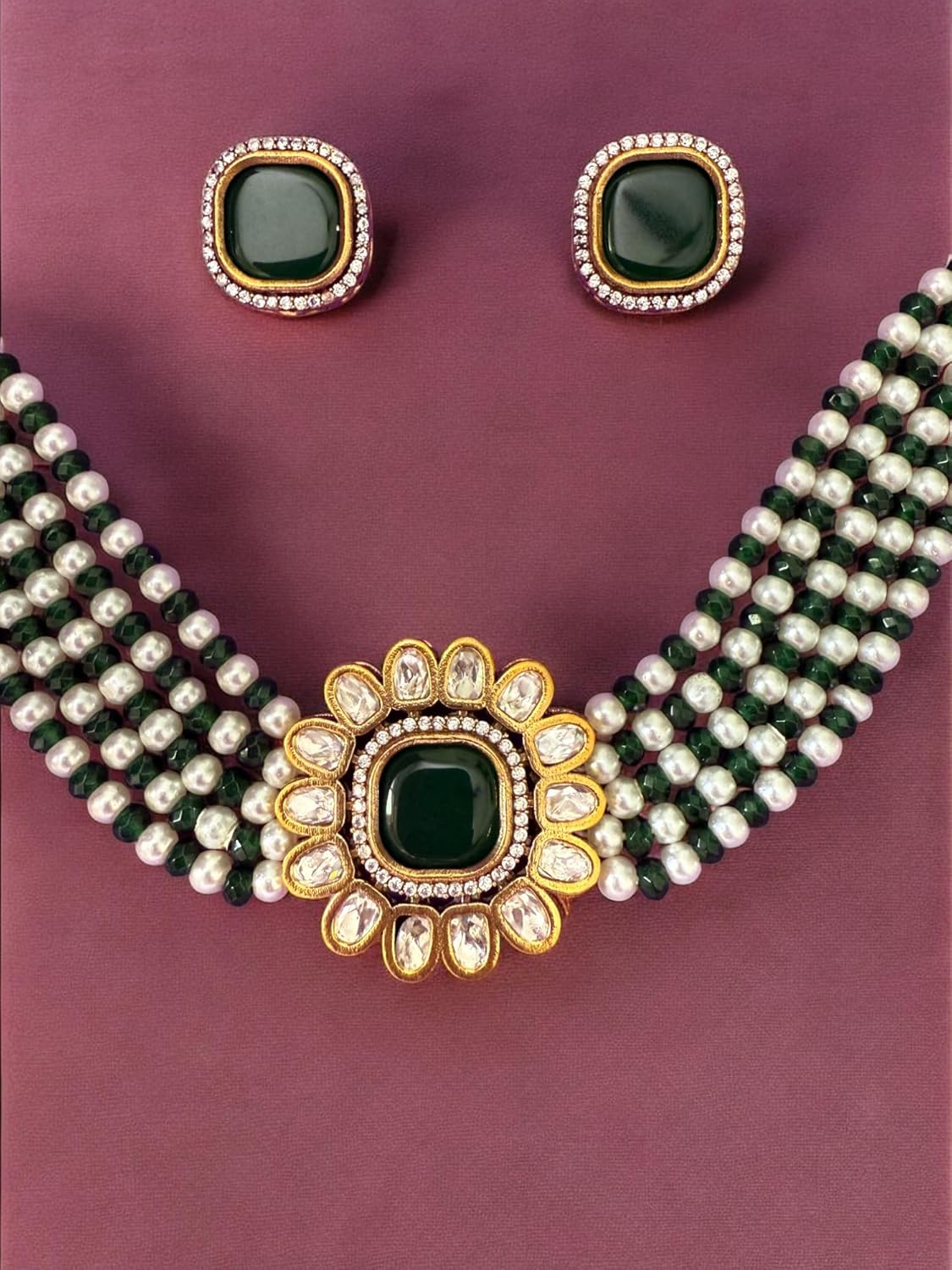 Rebekah Emerald Grace Kundan Pearl Choker Set