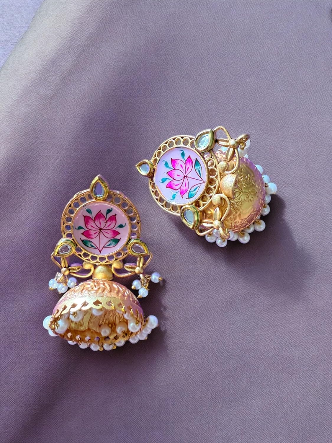 Lotus Bloom Meenakari Jhumka Earrings with Kundan Detailing and Pearl Accents