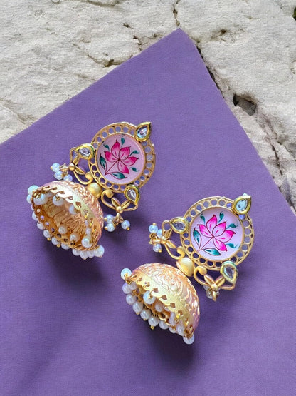 Lotus Bloom Meenakari Jhumka Earrings with Kundan Detailing and Pearl Accents