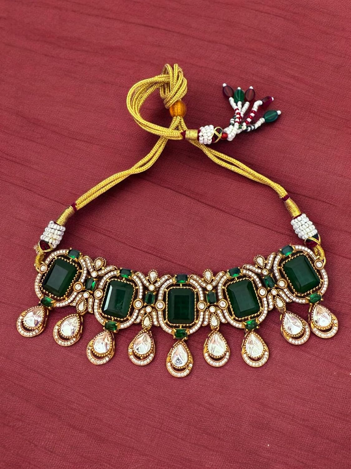 Rebekah Emerald Elegance Kundan Encrusted Bridal Choker Set with Maangtika