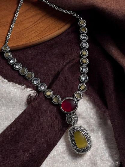 Vintage Style Jewelry Set with Lion Charm, Ruby Red and Yellow Stones and Matching Earrings