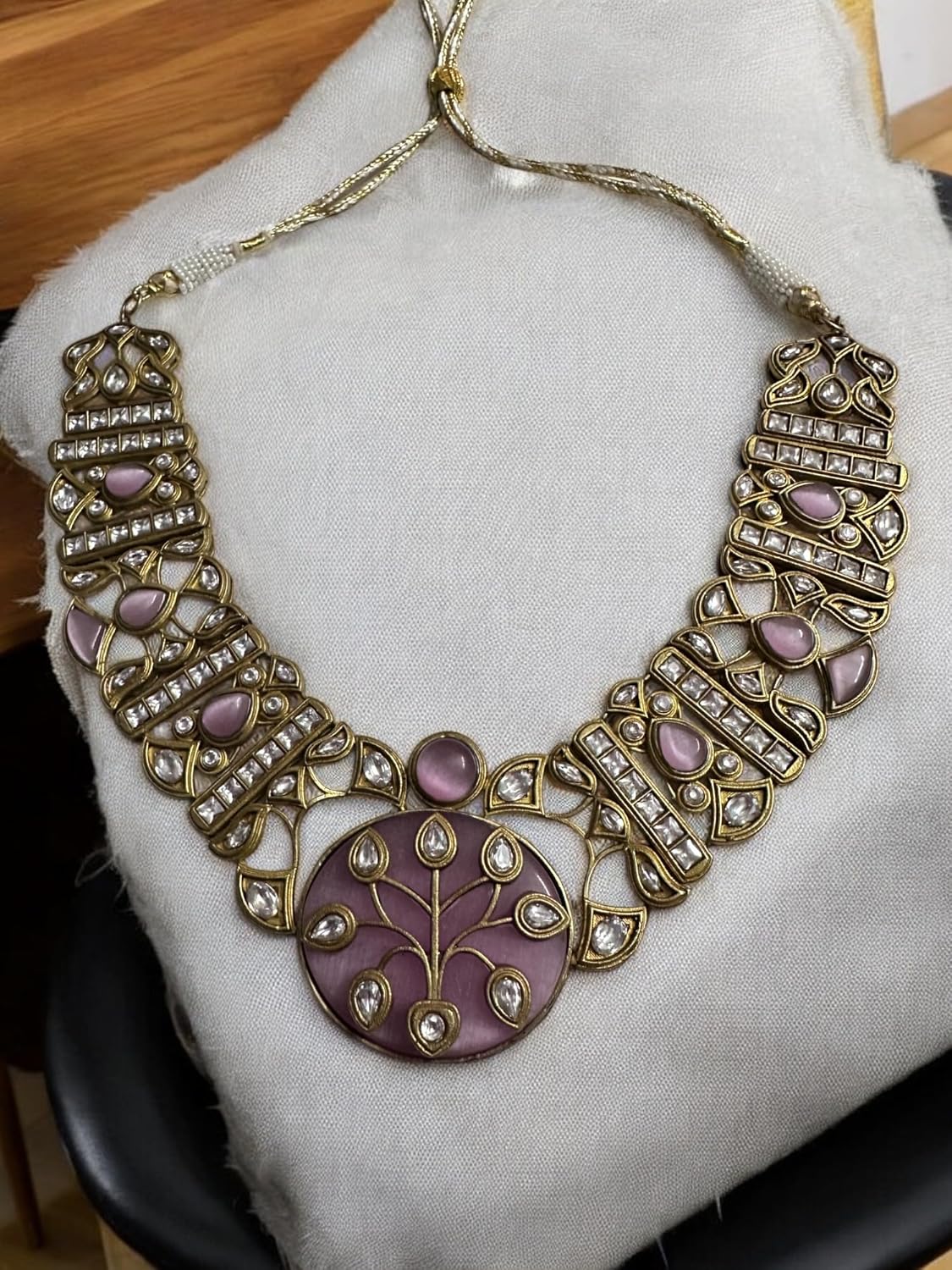 Vintage Style Multi-Gemstone Necklace and Earring Set, Antique Gold Finish, Yellow Jade Centre Medallion