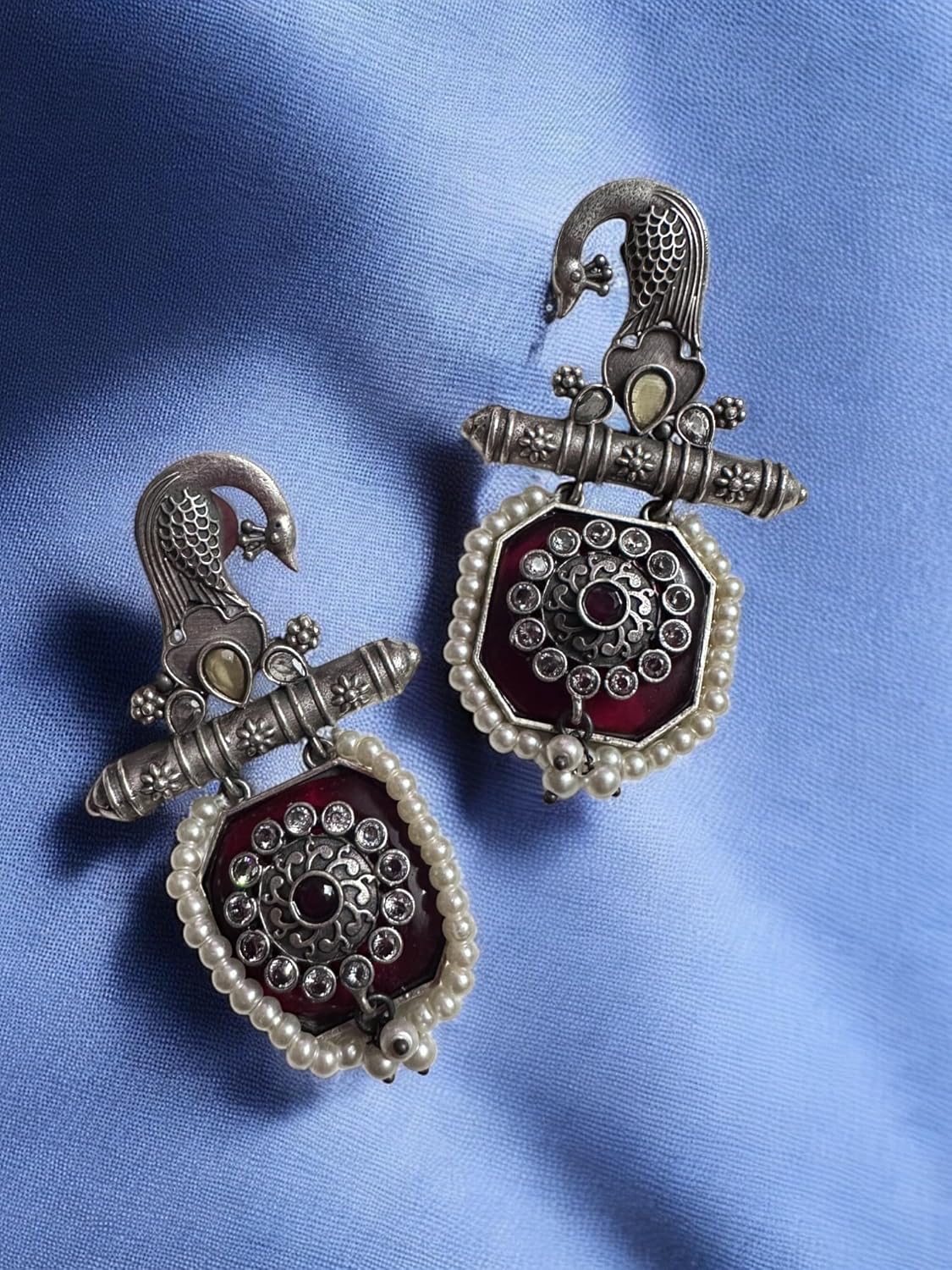 Vintage Style Peacock Pendant Necklace Set, Oxidised Silver, Burgundy Glass, Pearl Beading