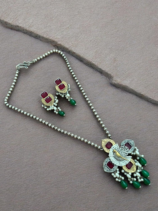 Peacock Elegance Oxidized Necklace Set with Ruby and Emerald Accents