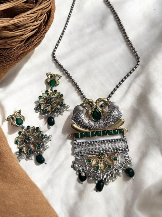 Antique Style Pendant Necklace and Earring Set, Green Gemstones, Dual-Tone Metal with Pearl Accents
