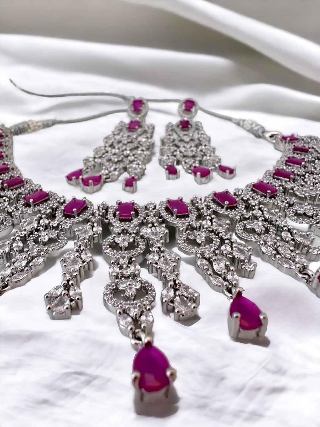 Pink Stone Jewelry Set for Women, Neckpiece with Drop Earrings, Encrusted Stones