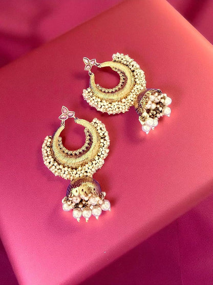 Golden Crescent Pearl Jhumka Earrings