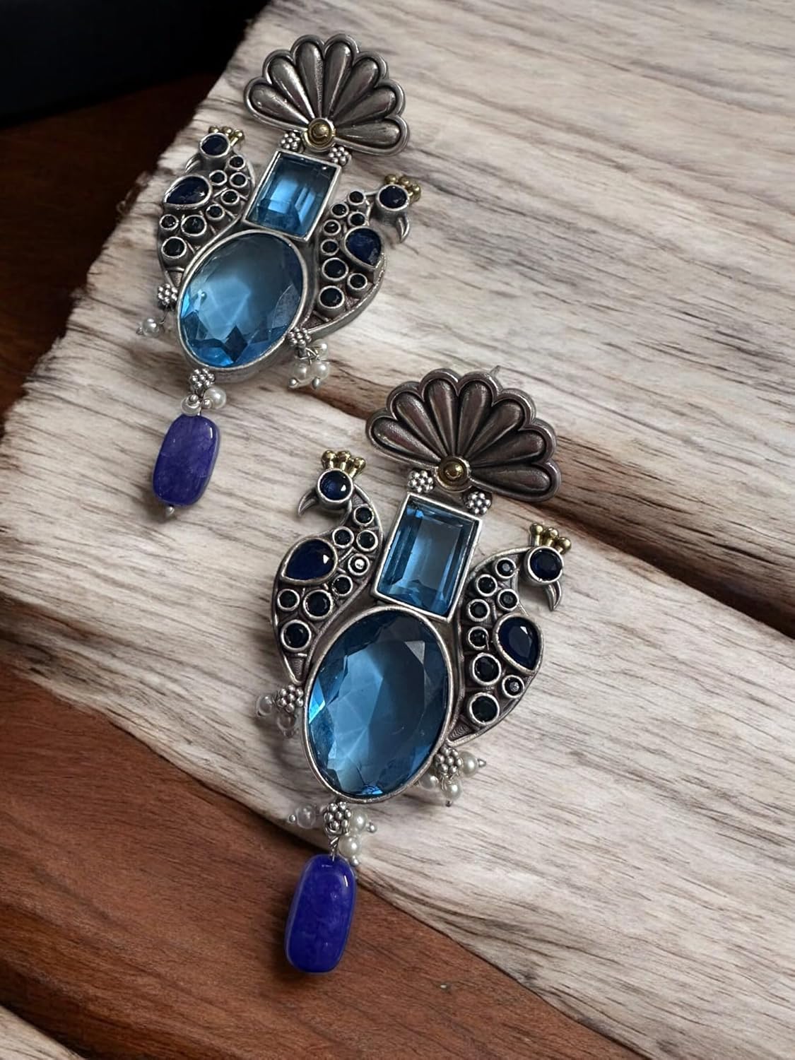 Vintage Style Peacock Jewelry Set, Blue Crystal Necklace and Earrings, Antique Silver Finish