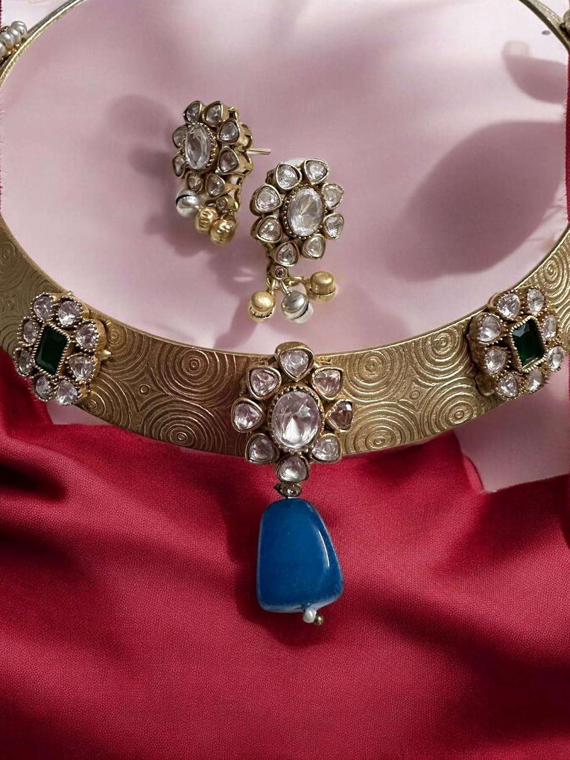 Vintage Style Choker Necklace Set with Crystal Stones, Blue Gemstones, Pearl Accents