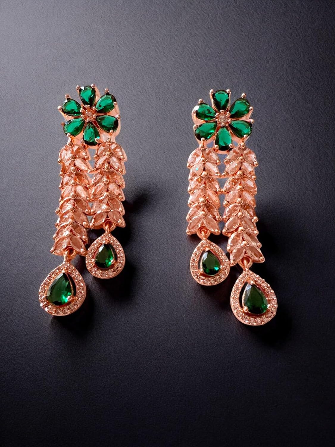 Rebekah Gold-Plated CZ Necklace Set with Floral Green Accents and Tear-Drop Danglers