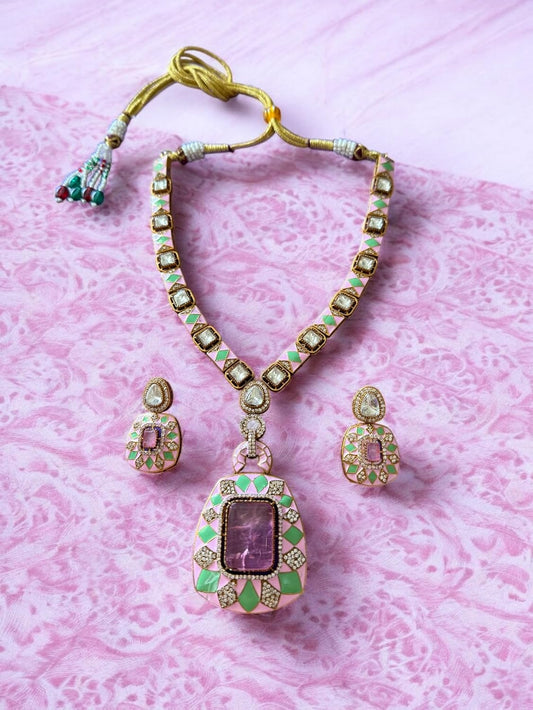 Pastel Pink Majesty Meenakari Long Pendant Set