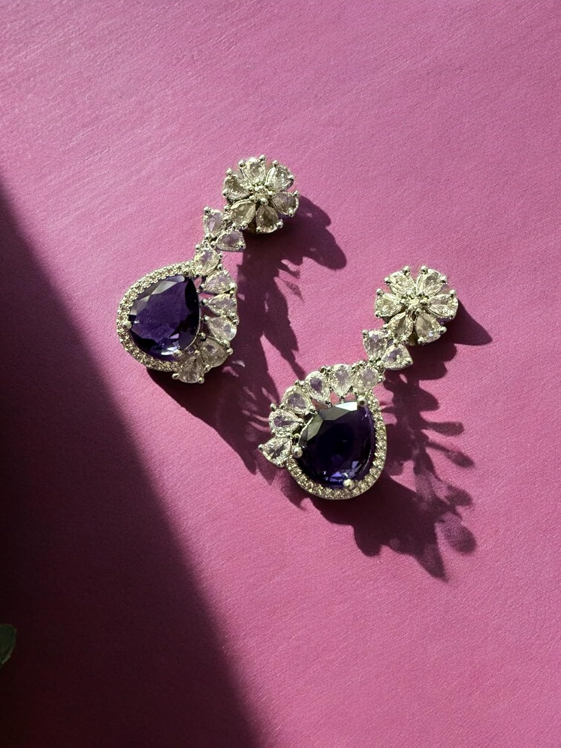 Rebekah Rhodium Plated Purple Cubic Zircon Studded Necklace Set
