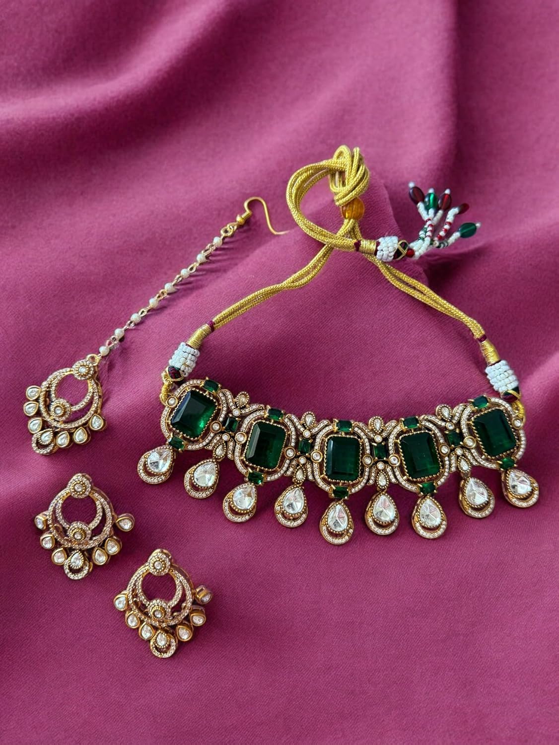 Rebekah Emerald Elegance Kundan Encrusted Bridal Choker Set with Maangtika