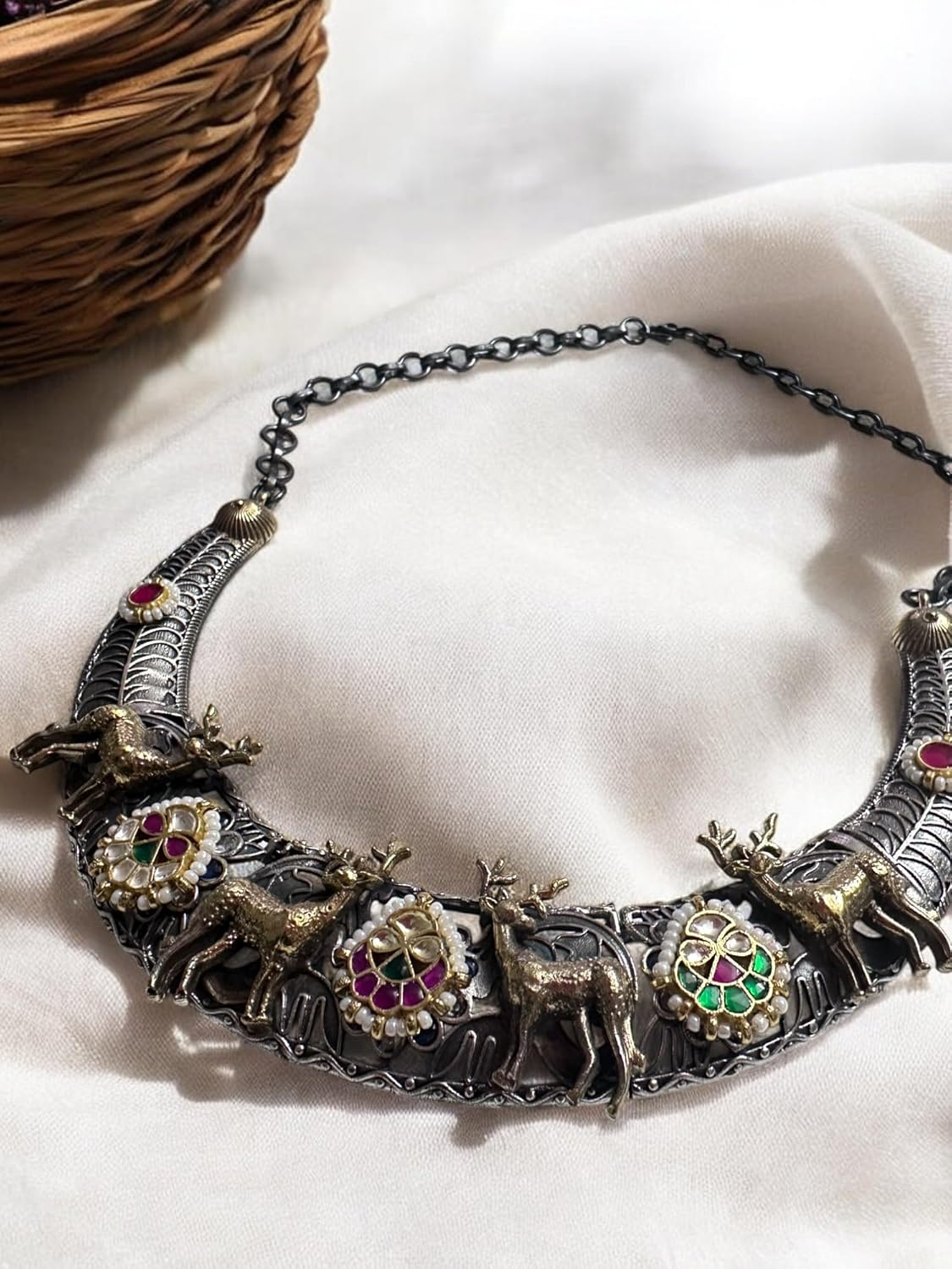 Vintage Style Elephant Motif Necklace and Earrings Set, Oxidised Tone, Multi-Colour Gemstones, Crescent Design