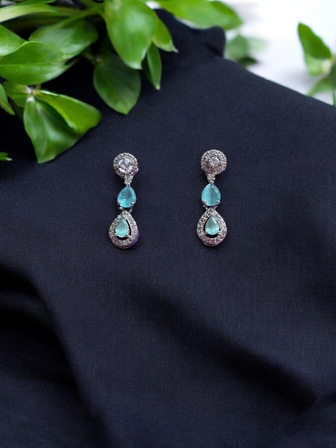Turquoise and Rhodium Plated Necklace Set with Earrings, Intricate Design