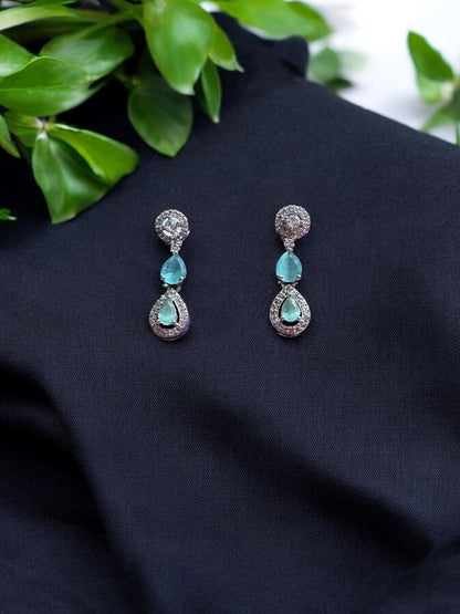 Turquoise and Rhodium Plated Necklace Set with Earrings, Intricate Design