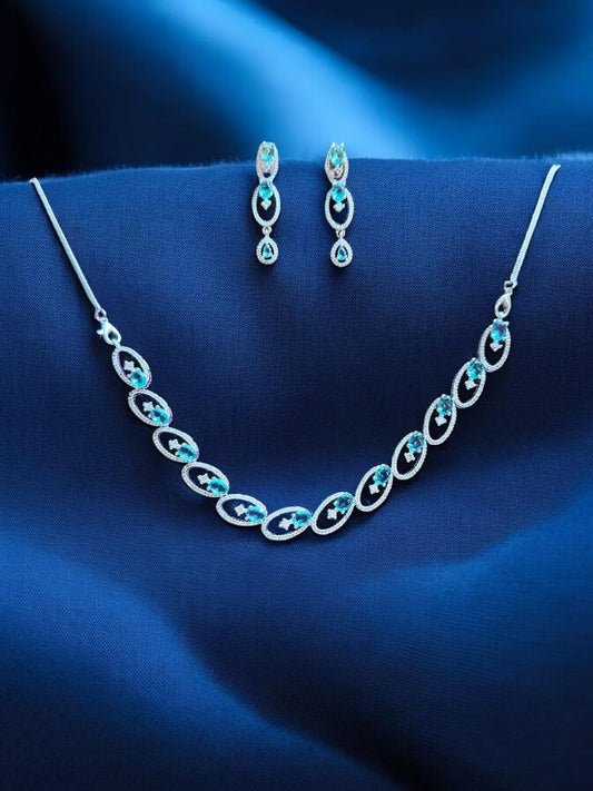 Stylish Necklace and Earrings Set with Blue Gemstones, Silver Finish