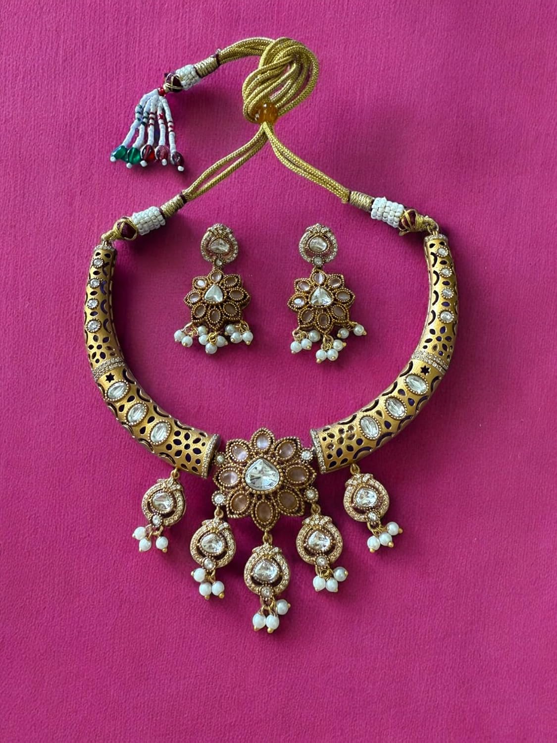 Rebekah Royal Radiance Antique Kundan Cutout Hasli Necklace Set with Tear Drops