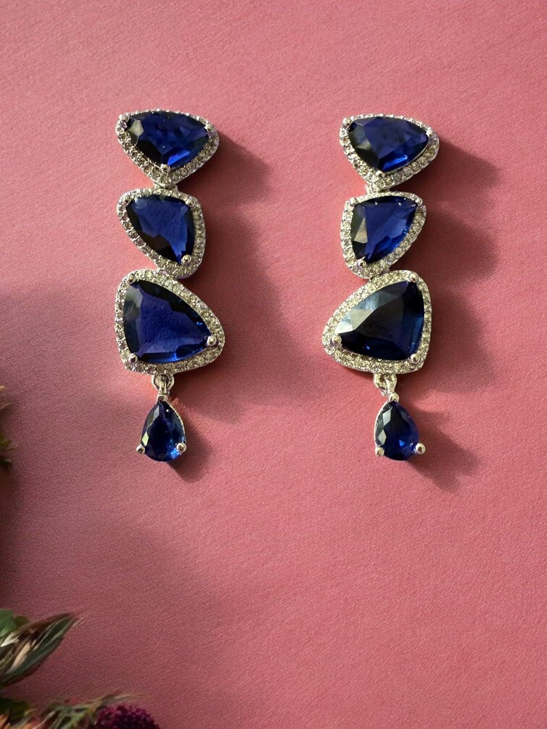 Rebekah Rhodium Plated Blue Cubic Zircon Studded Necklace Set