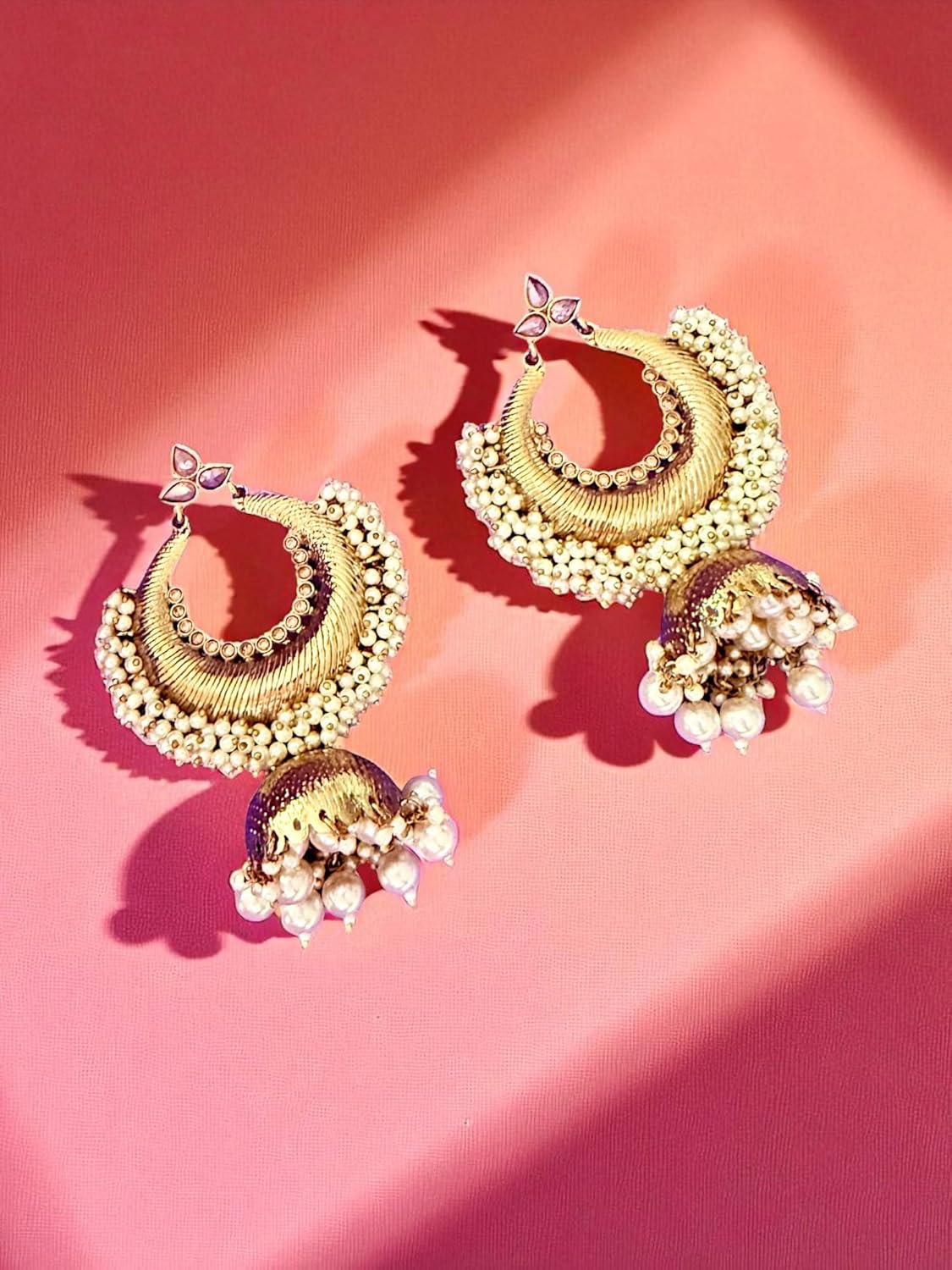Golden Crescent Pearl Jhumka Earrings