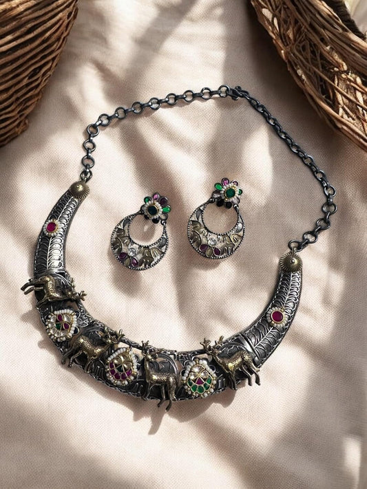 Vintage Style Elephant Motif Necklace and Earrings Set, Oxidised Tone, Multi-Colour Gemstones, Crescent Design