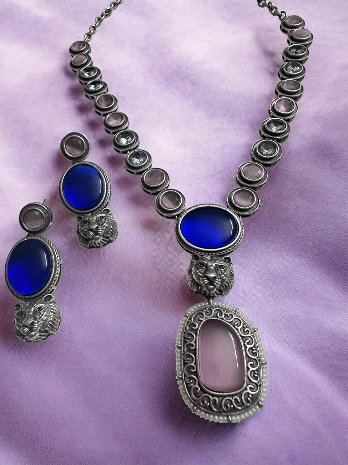 Vintage Style Necklace and Earring Set, Blue Crystal and Tiger Charm, Antique Silver Chain with Pink and Blue Stones