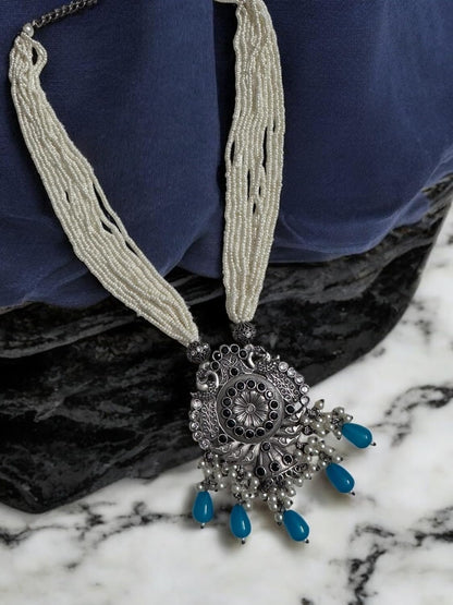 Antique Silver Pendant Necklace Set, Blue Teardrop Beads, Pearl Strings, Oxidised Floral Design