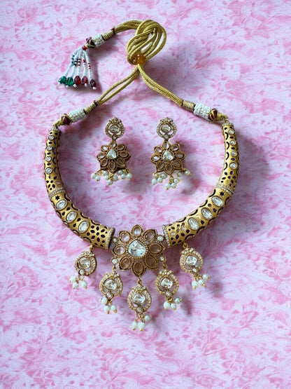 Rebekah Royal Radiance Antique Kundan Cutout Hasli Necklace Set with Tear Drops