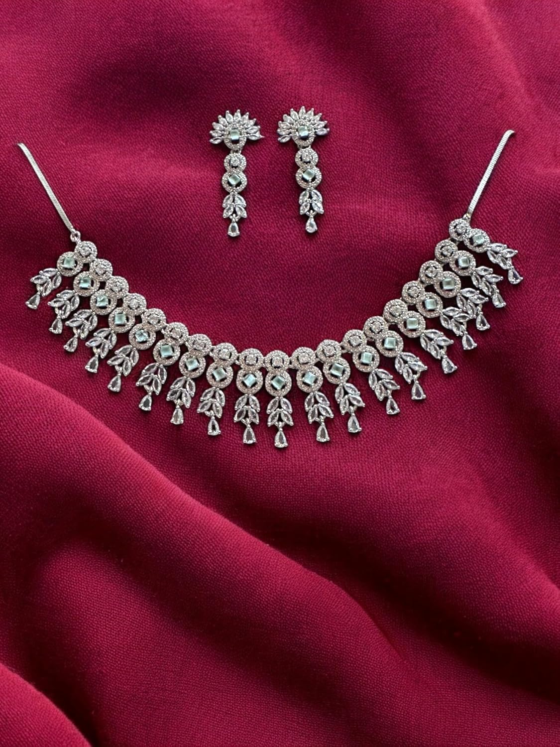 Glamorous Diamante Necklace Set with Earrings, Floral Design, Silver Tone