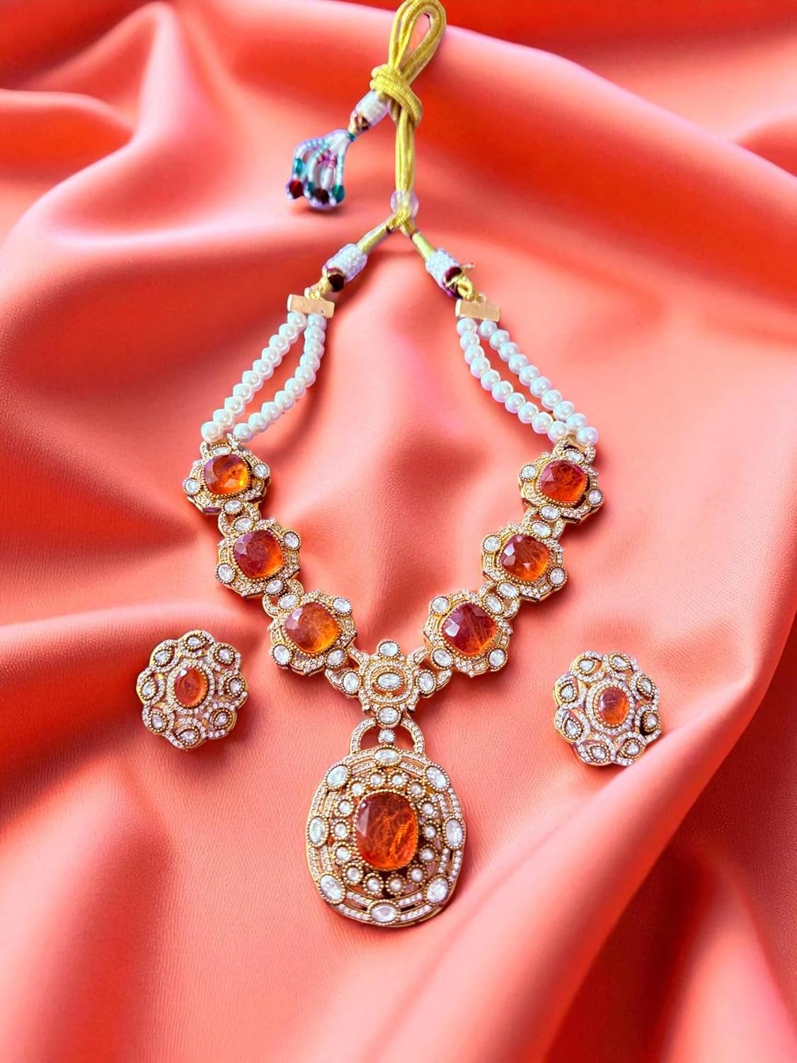 Rebekah Heritage Kundan Statement Necklace Set with Orange Hydro & Pearls