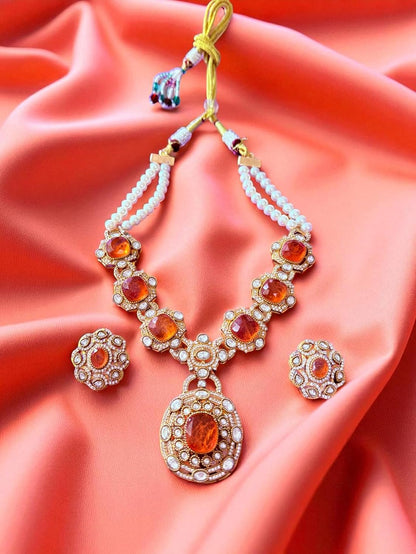Rebekah Heritage Kundan Statement Necklace Set with Orange Hydro & Pearls