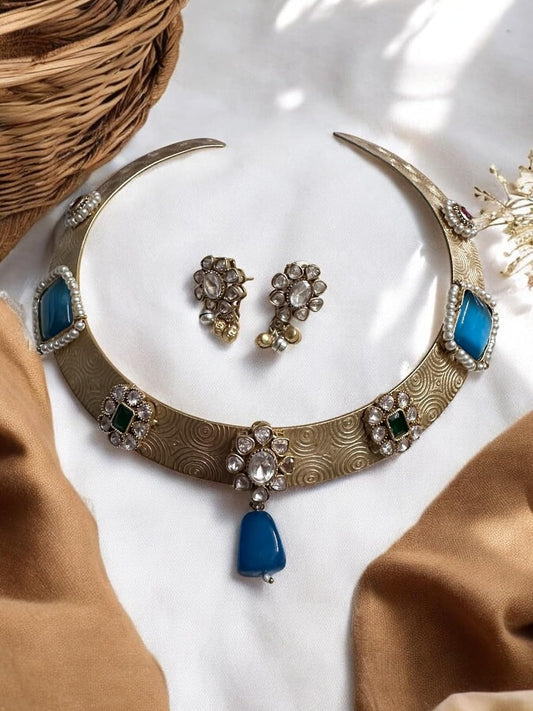 Vintage Style Choker Necklace Set with Crystal Stones, Blue Gemstones, Pearl Accents