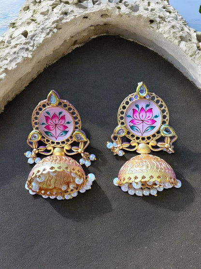 Lotus Bloom Meenakari Jhumka Earrings with Kundan Detailing and Pearl Accents
