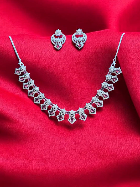 Rhodium Plated Necklace Set with Ruby Red Cubic Zirconia Stones