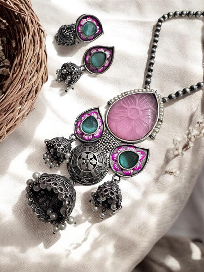 Vintage Style Pendant Necklace Set with Pink Stone and Green Accents, Oxidised Silver Jhumka Earrings, Antique Finish