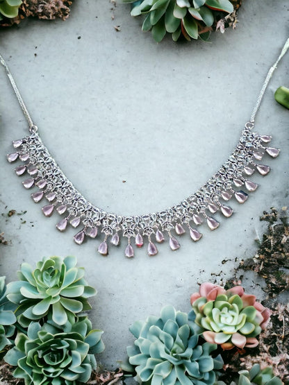 Stunning Crystal Necklace Set with Teardrop Pendants, Silver Tone