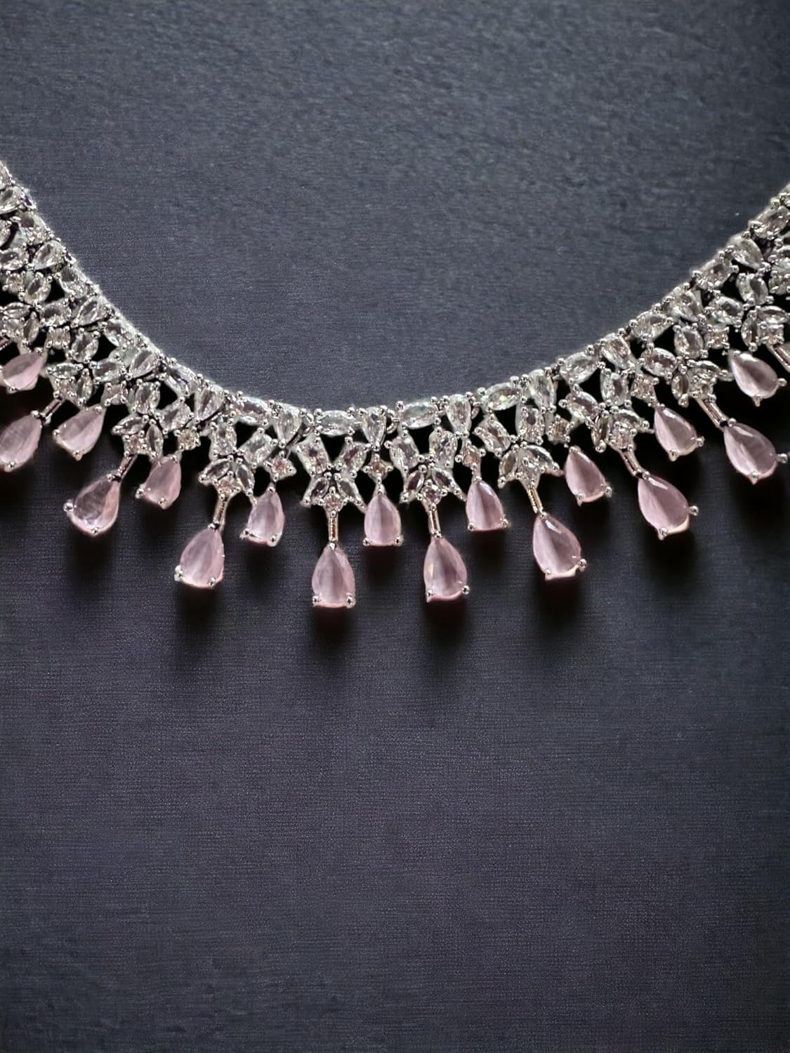 Stunning Crystal Necklace Set with Teardrop Pendants, Silver Tone