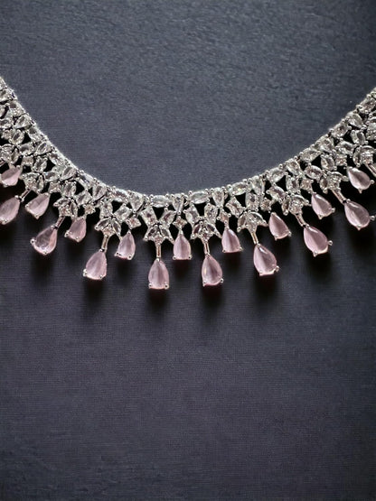 Stunning Crystal Necklace Set with Teardrop Pendants, Silver Tone