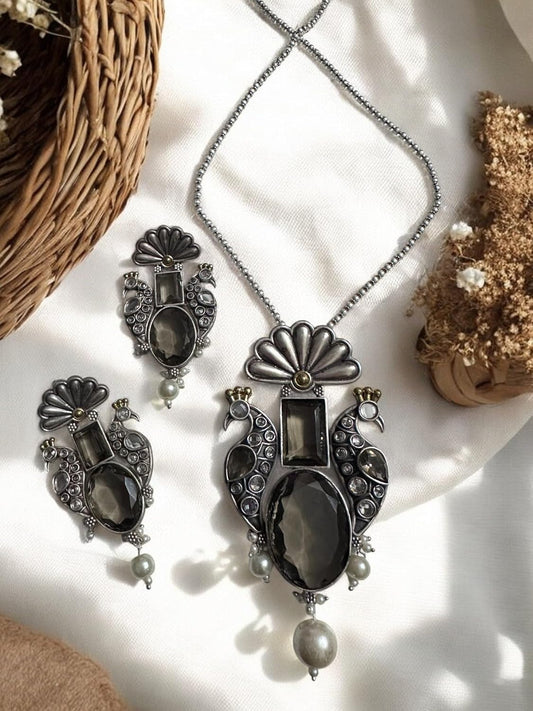 Vintage Style Peacock Jewellery Set, Smoky Crystal and Pearl Pendant Necklace with Matching Earrings, Antique Tone