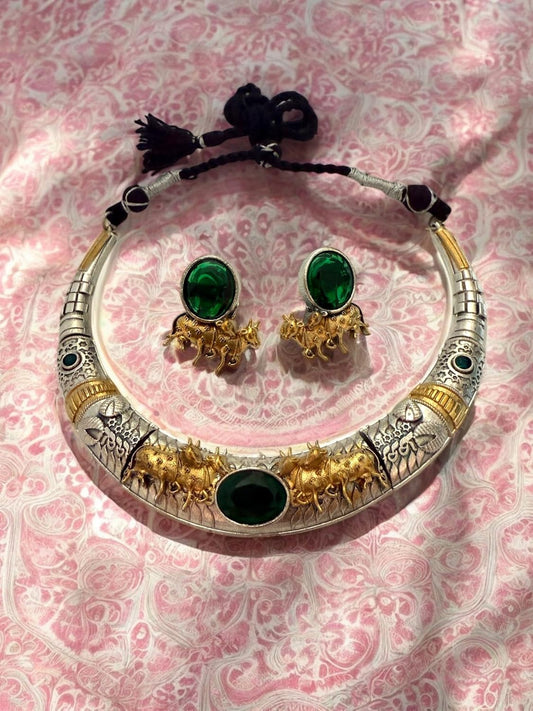 Rebekah Swarna Vahan Tribal Torque Oxidized Necklace with Bull Motif