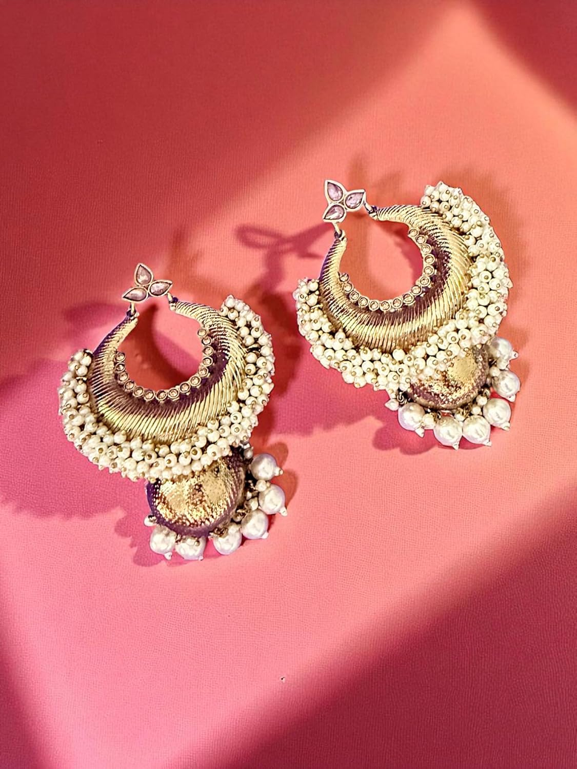 Golden Crescent Pearl Jhumka Earrings