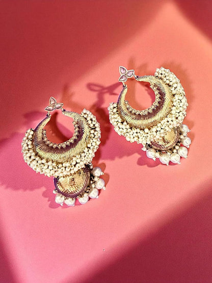Golden Crescent Pearl Jhumka Earrings