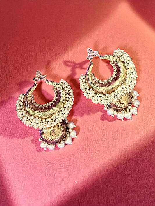 Golden Crescent Pearl Jhumka Earrings