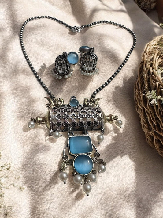 Vintage Style Jewelry Set, Blue Gemstone Pendant Necklace with Pearl Accents and Matching Cage Earrings, Antique Finish