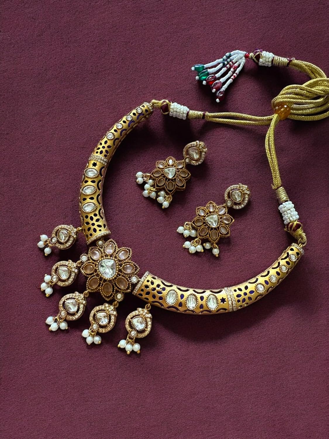 Rebekah Royal Radiance Antique Kundan Cutout Hasli Necklace Set with Tear Drops