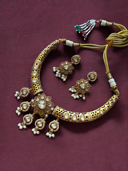 Rebekah Royal Radiance Antique Kundan Cutout Hasli Necklace Set with Tear Drops