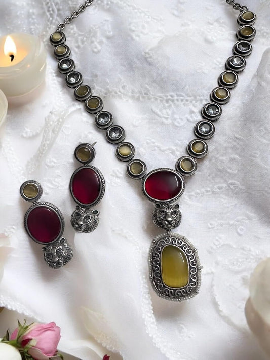 Vintage Style Jewelry Set with Lion Charm, Ruby Red and Yellow Stones and Matching Earrings